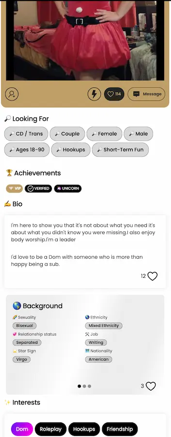 BDSM Connex Dom profile with VIP and Verified badges, showing interests in body worship, roleplay, and hookups