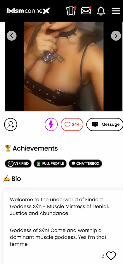 BDSM Connex Findom Goddess profile with Verified badge, Full Profile badge, and 244 likes showing Muscle Mistress of Denial