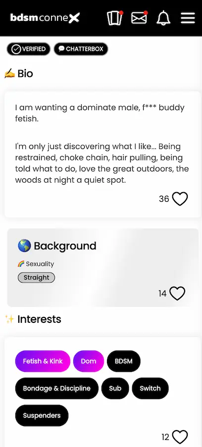 BDSM Connex beginner profile example showing someone discovering their kinks including restraints and bondage, with Sub and Switch interests